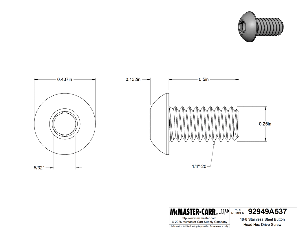 Technical Drawing of 18-8 Stainless Steel Button Head Hex Drive Screw, 1/4"-20 Thread Size, 1/2" Long.